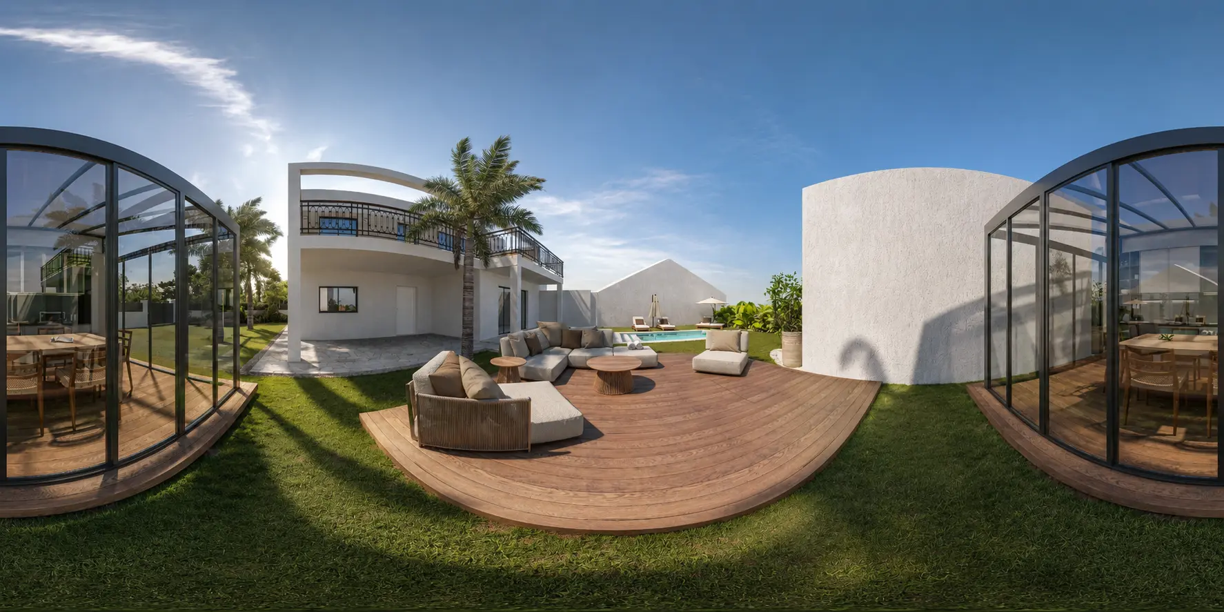 Deck em madeira com sofás exteriores, piscina e fachada curva