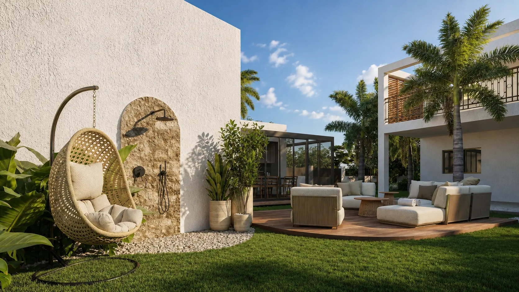 Zona de estar exterior com cadeira suspensa, duche e deck em madeira