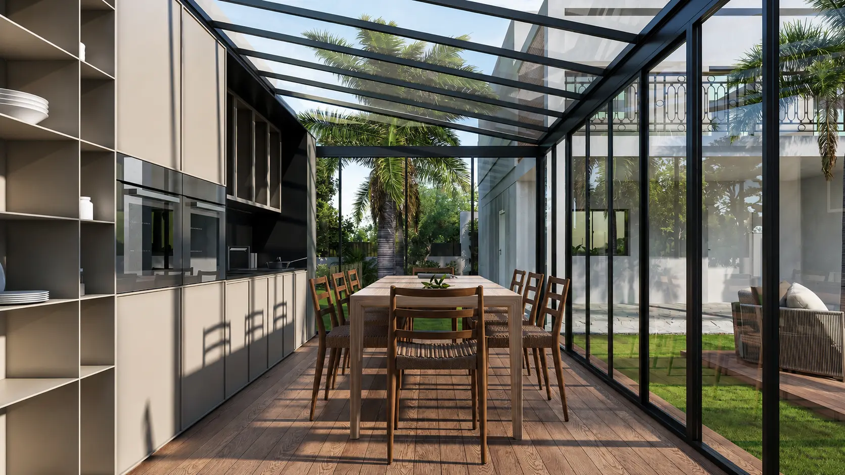 Cozinha e sala de jantar exterior sob estrutura envidraçada