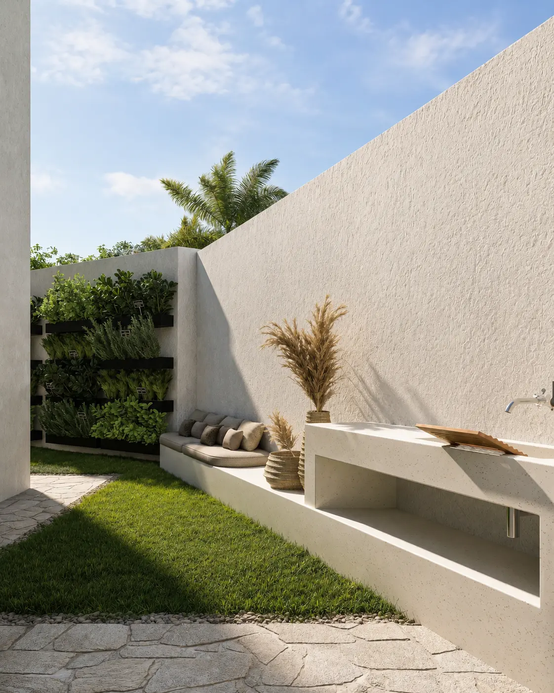 Zona exterior com jardim vertical, banco corrido e bancada em pedra