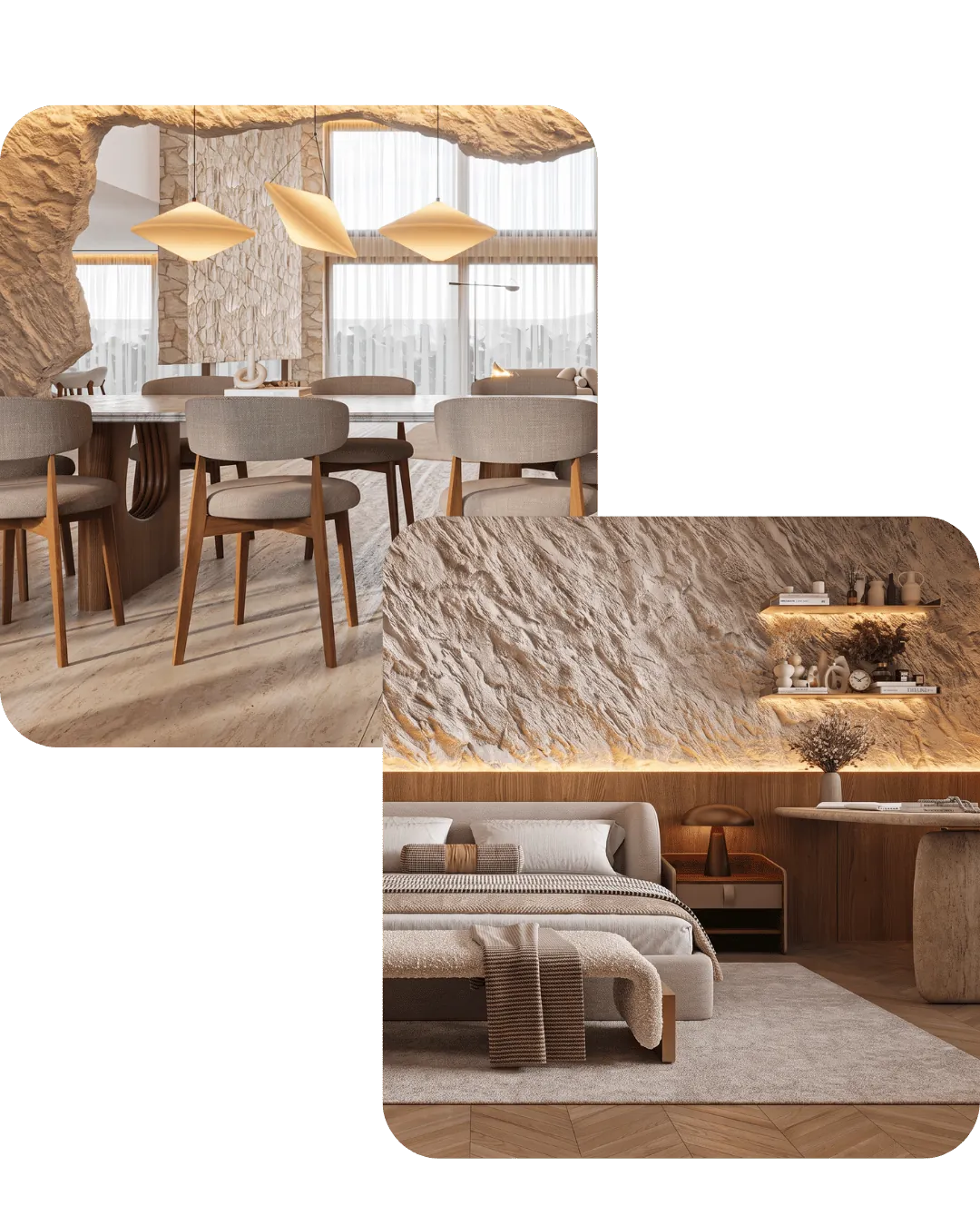 Interiores NÖA: composição de sala de jantar, pedra natural e quarto em tons quentes