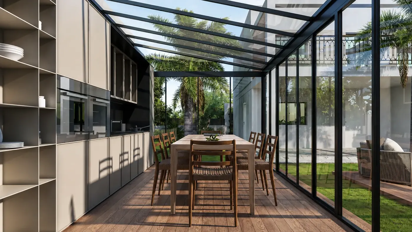 Cozinha e sala de jantar exterior sob estrutura envidraçada