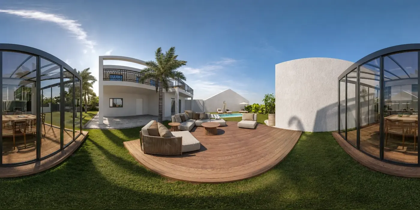Deck em madeira com sofás exteriores, piscina e fachada curva